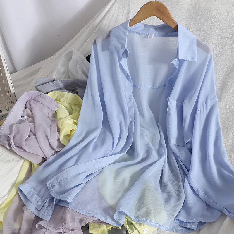 

Pearl Diary Women Summer Beach Cover Up Chiffon Shirts With Buttons Sheer Casual Solid Color Shirts With Pocket Beachwear