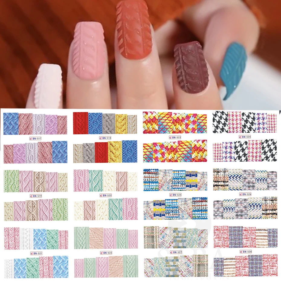 12pcs Nail Stickers Color Embossed Sweater Knit Texture Water Transfer Applique Gel Polished Slider Nail Decoration NLBN517-528