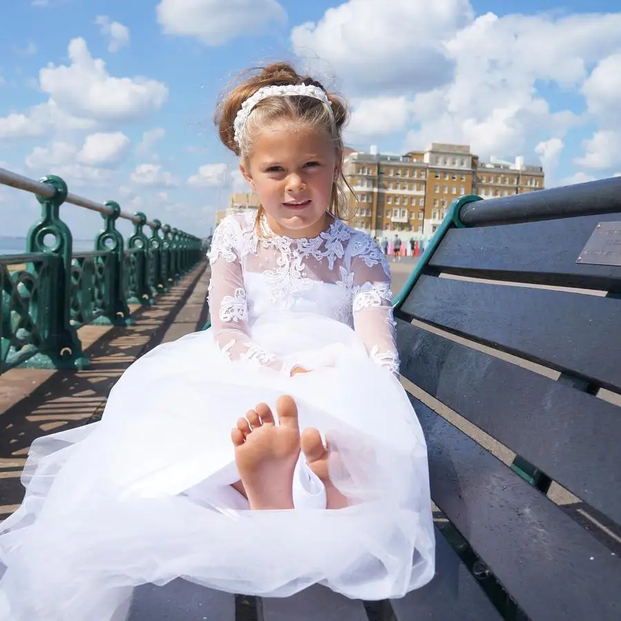 Frühling Mädchen Wenig Babys Bodenlangen Spitze Allpiques Weiche Tulle Weiß Erstkommunion Kleid Платья для девочек-цветочниц