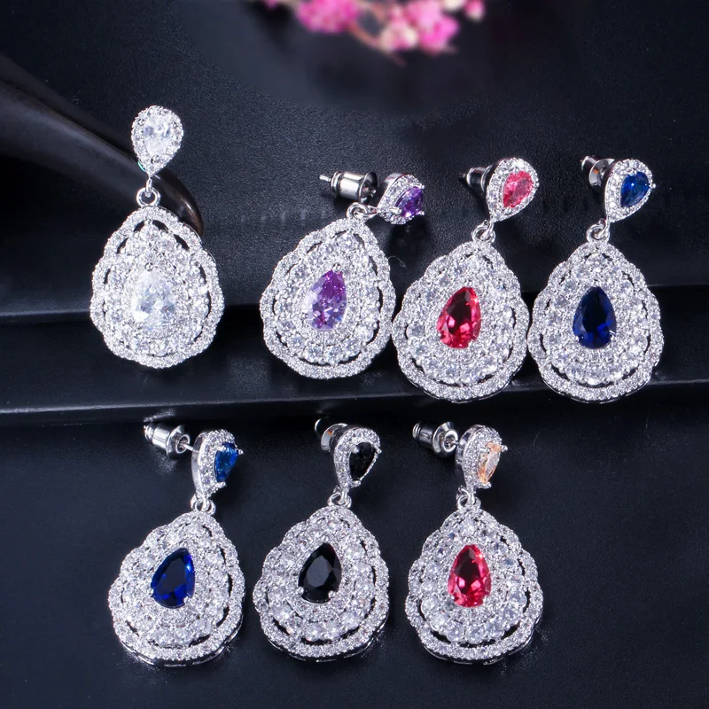 CWWZircons 3 layers Cubic Zirconia Paved Big Water Drop Dark Blue Earrings Necklace Ring Engagement Jewelry Set for Women T283