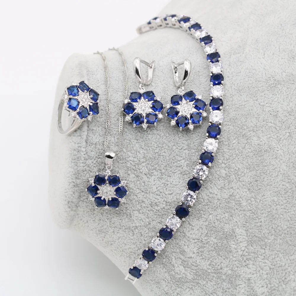 XUTAAYI Luxury Earrings 925 Silver Wedding Jewelry Sets For Women Blue Sapphire Bracelet Rings Bridal Pendant Necklace Set