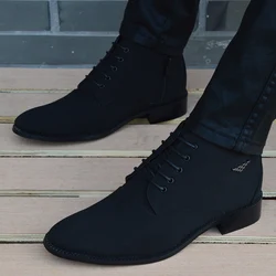 Autumn Winter Men Boots Breathable Pointed Toe Business Leather Boots Fashion Canvas High-Top Men Shoes Casual Zapatos Hombre