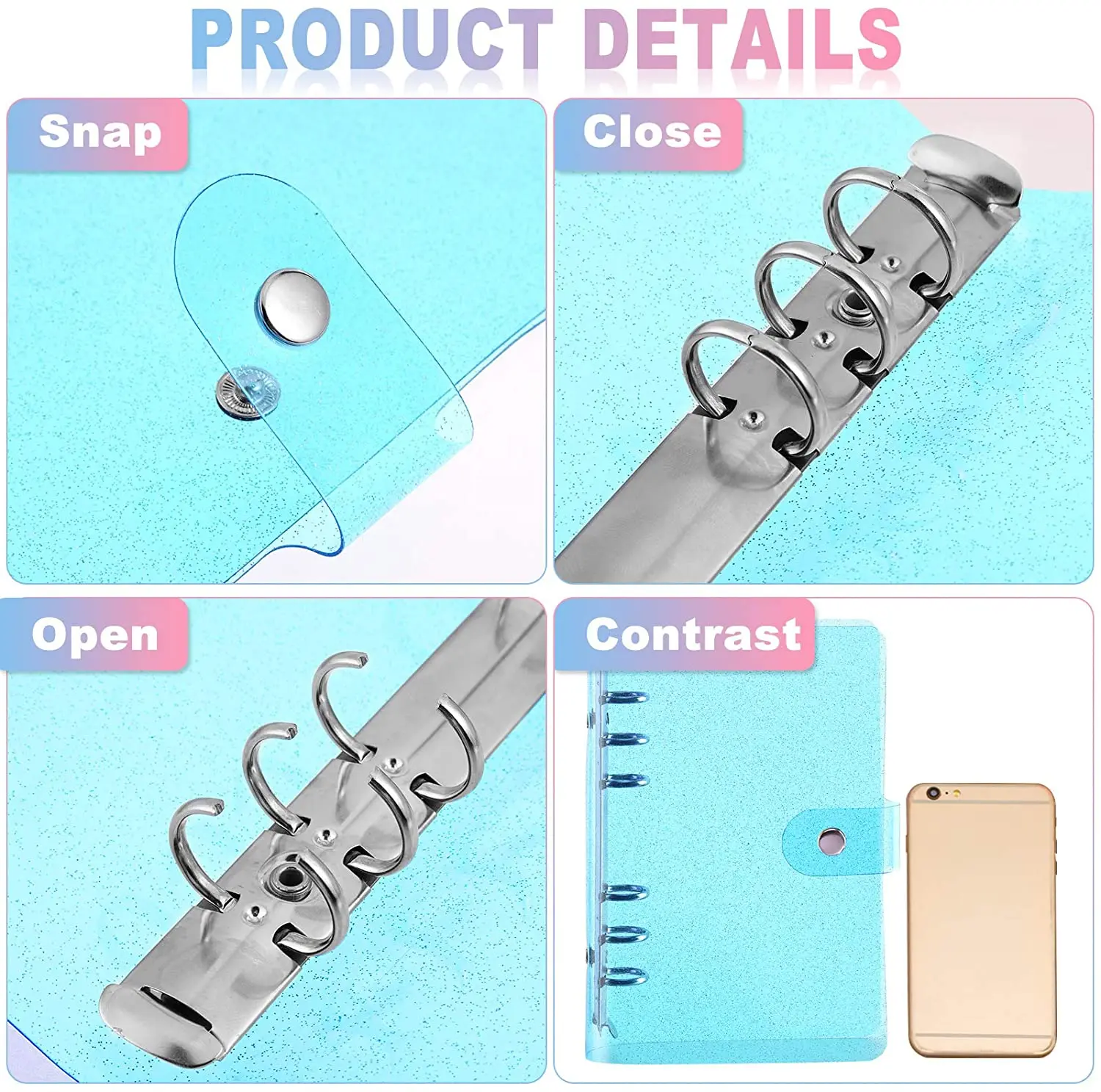 A6 Soft PVC 6-Ring Binder Cover with Glitter Clear Transparent PVC Notebook Cover Protector with Snap Button Loose Leaf binder