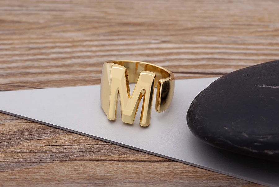 Trendy Hollow A-Z Letter Gold Color Adjustable Opening Ring Initials Name Alphabet Female Chunky Wide Party Wedding Jewelry