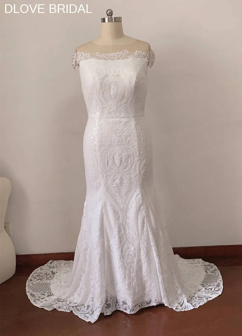 Lentejuelas maravillosas vestido de novia de encaje con tren largo desmontable