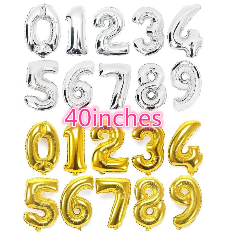 Balloons 40 inch Gold Silver 0 1 2 3 4 5 6 7 8 9 Number Optional Balloon Aluminum Foil Helium Balloons Birthday Wedding Party