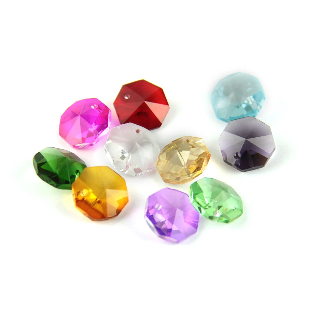 Lot de 100 perles octogonales en cristal de 14mm de couleurs mélangées, prisme, perles dans un trou pour mariage, guirlande