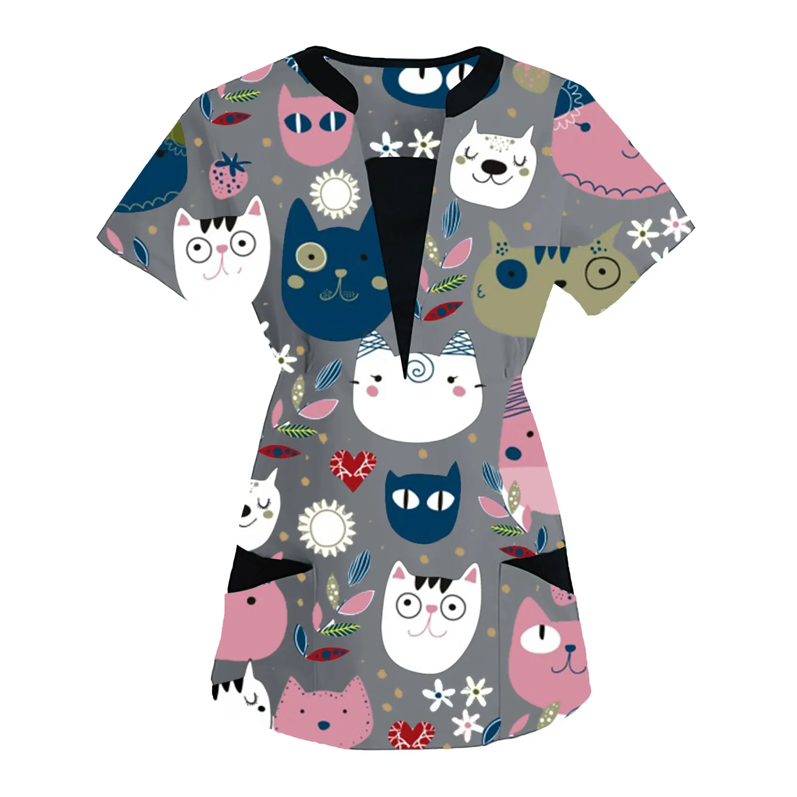 Cartoon Katze Drucken Medizinische Krankenschwester Uniformen Frauen Scrubs Top Pflege Einheitliche Tasche Medizinische Krankenschwester Uniform Klinik Bluse Zubehör