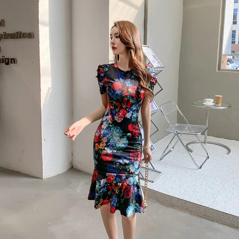 

Flower Temperament Women Dress 2021 New Short Sleeves Medium Length Bodycon Dresses Fashion Printed Mermaid Package Hip Vestidos