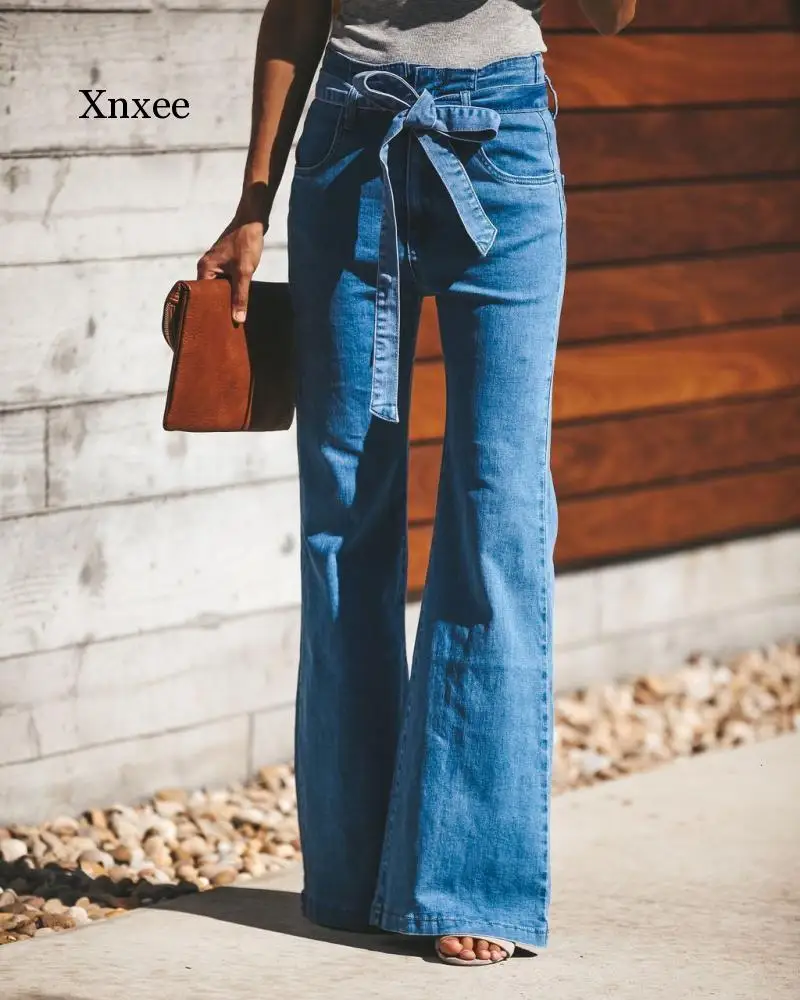 

Womens High Waist Wide Leg Jeans Straight Boot Cut Bow Belt Flared Denim Pants Maxi Loose Female Bell-Bottom Trousers