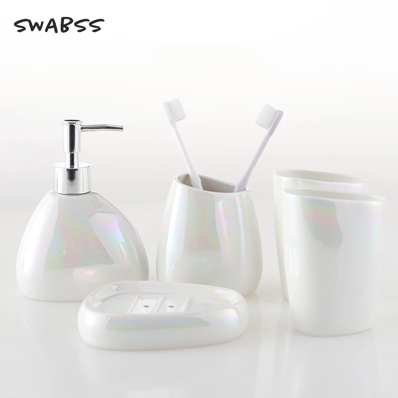 

Ceramics 5-Piece Bathroom Accessories Set Colorful White 2 Tooth Cups Toothbrush Cartridge Home Hand Sanitizer Bottle Soap Dish