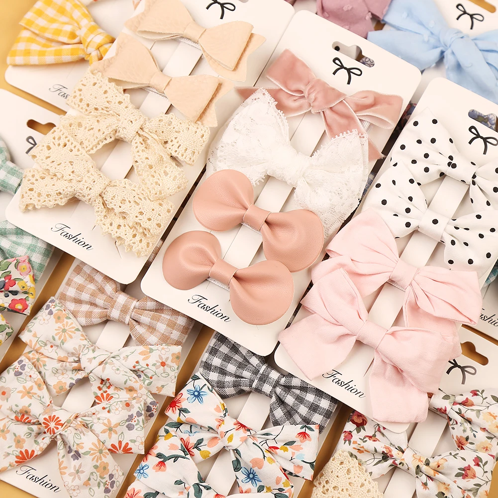 4pcs baby girls hair bow clips — leopard dot print bowknots with lace & cotton linen barrettes 4