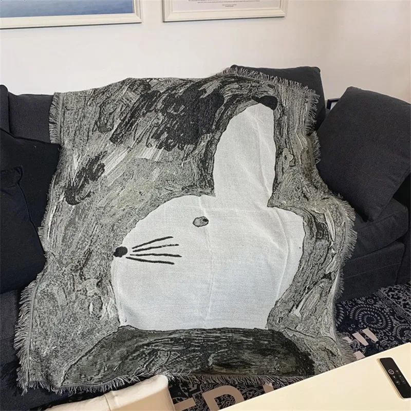 

Retro Rabbit Throw Blanket Multifunction Black White Art Sofa Covers Cobertor Dust Cover Air Conditioning Blankets For Bed