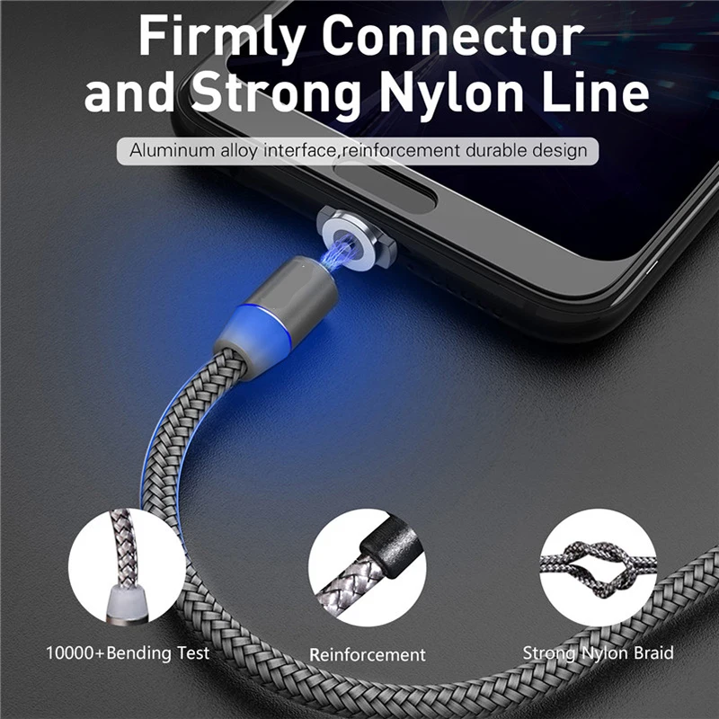 Magnetic Mobile Phone Fast Charger Cable 3 IN 1 Phone Charging Wire Type-C Micro USB Nylon Charger 1M For Iphone Samsung Huawei