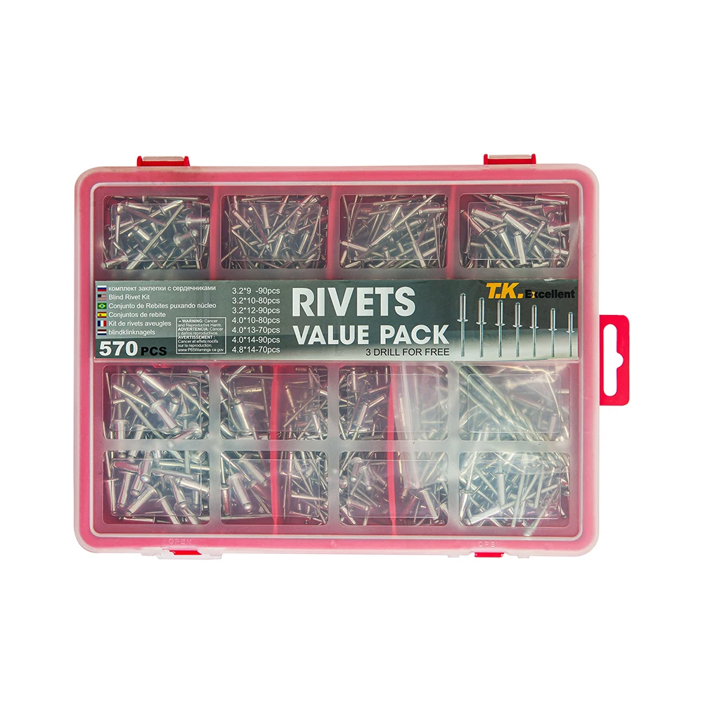 Small Head Aluminum Dome Head Blind Pop Rivets Assortment Kit,570Pcs+ Drill 3Pcs Remaches Copper Nails