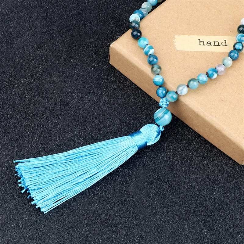 Natural 6mm Striped Agates Stone Necklace Prayer Buddha 108 Mala Beads Blue Tassel Bohemian Necklaces for Men Women Yoga Jewelry