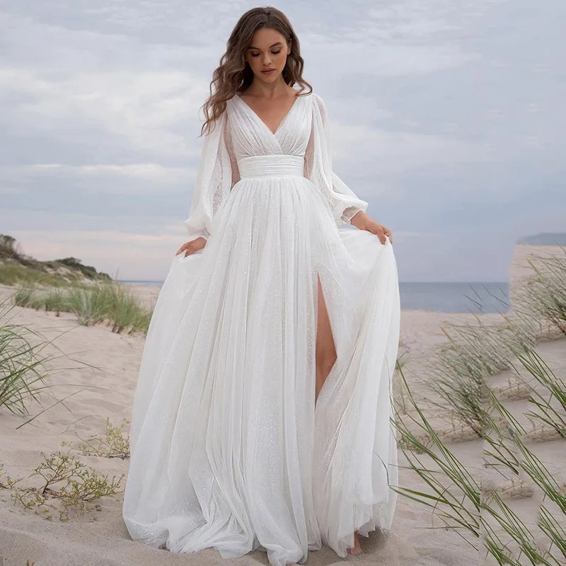 Sexy Beach Wedding Dresses 2022 Glitter Tulle Shiny Bride Dress Split Side V Neck Puff Long Sleeve Wedding Gowns Summer Backless