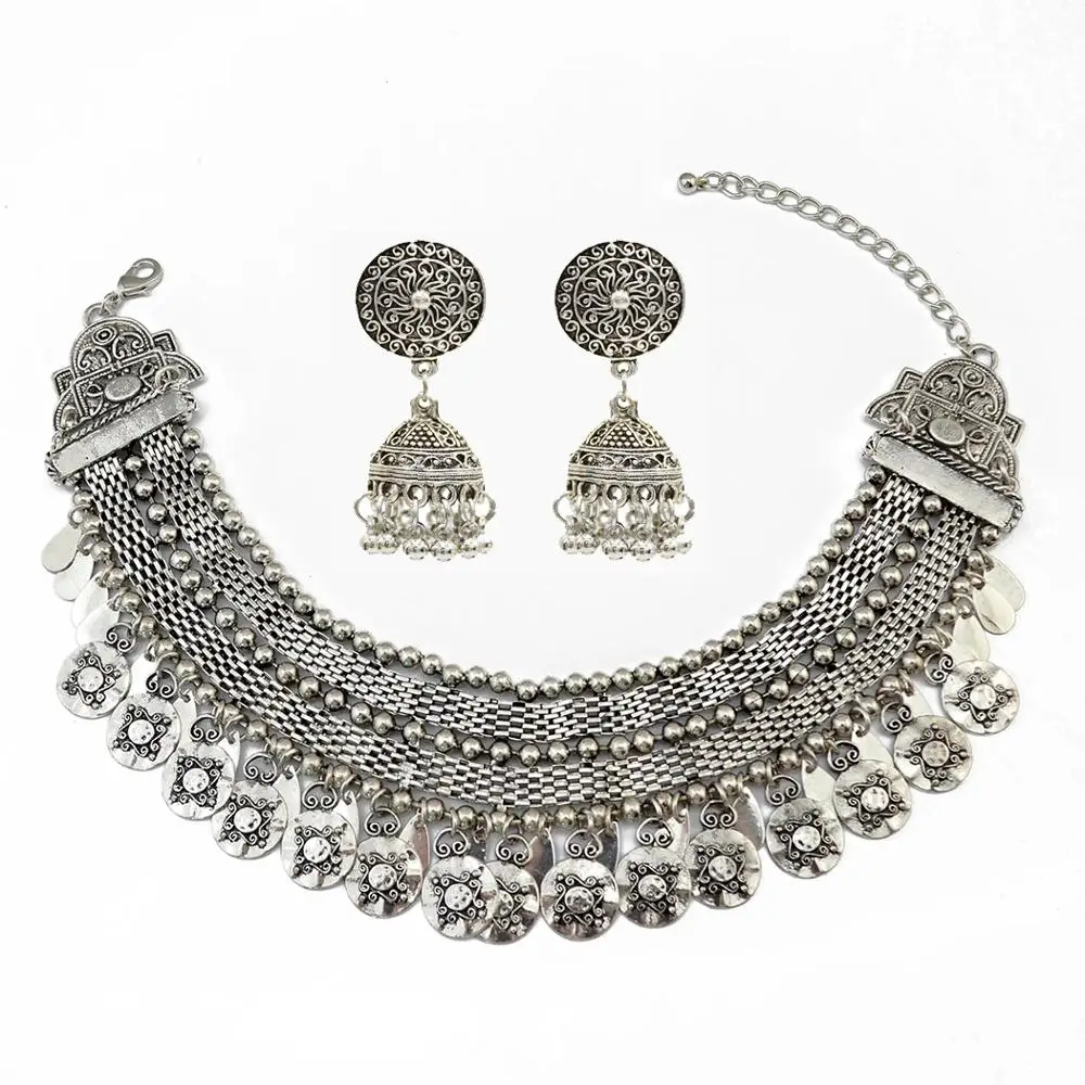 

Afghan Vintage Tribal Silver Color Statement Collar Choker Bib Necklace Earring Jewelry Sets Indian Short Chain Coin Necklaces