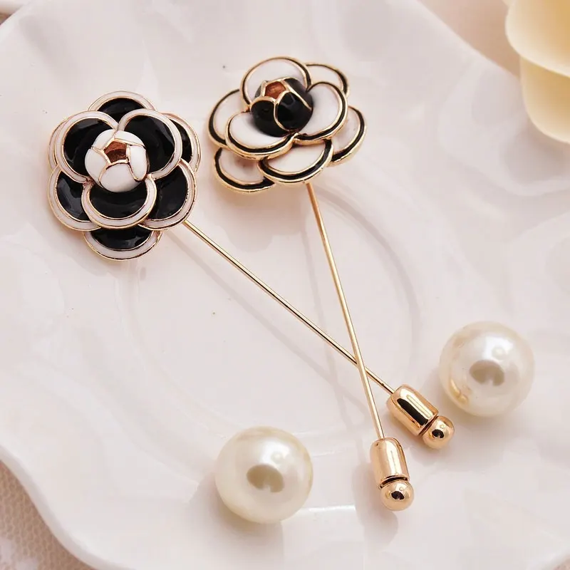 Camellia pin brooch Black White Flower Rose Pearl Female Brooches Accessories