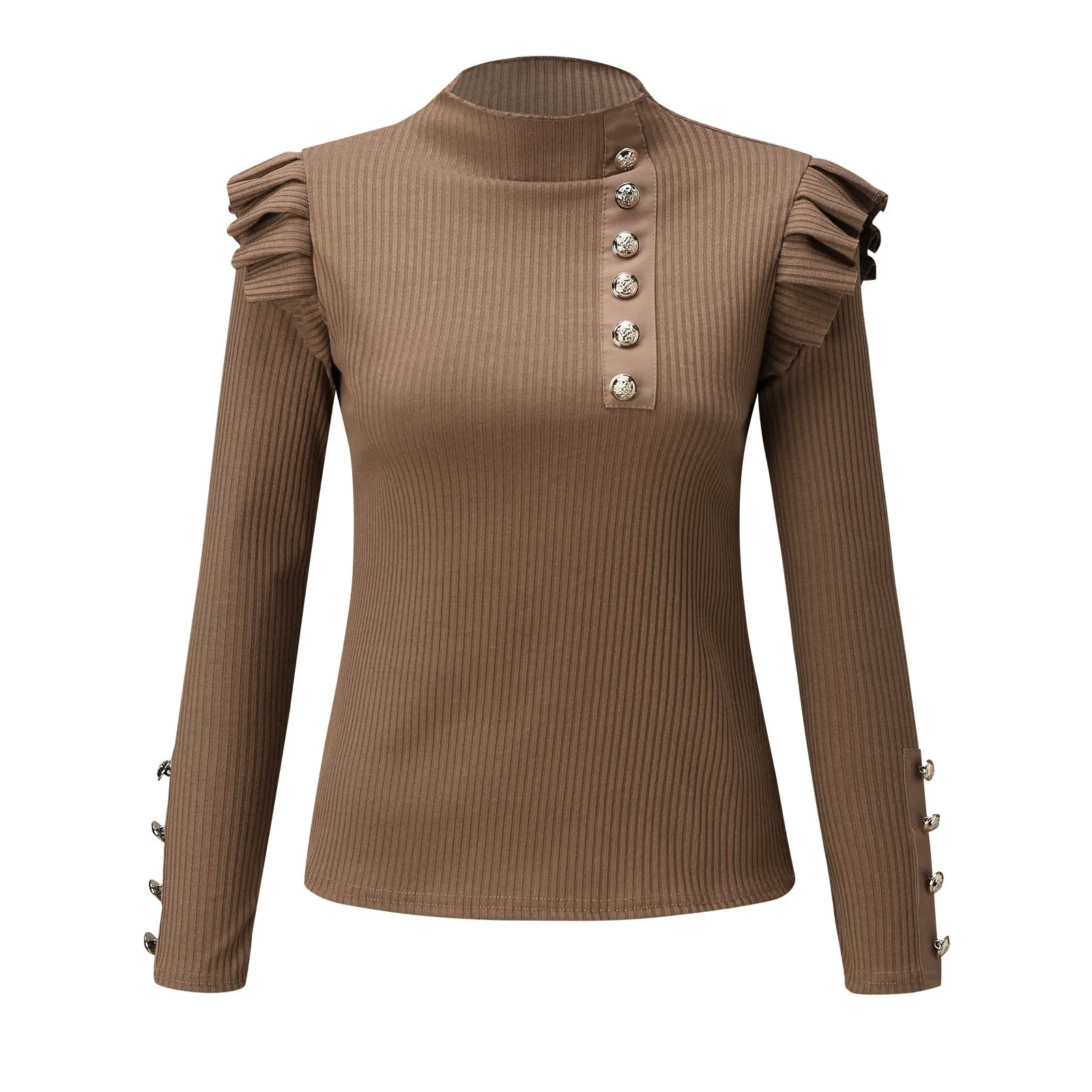 Autumn Winter Basic Turtleneck Sweaters Women Puff Long Sleeve Rib Blouse Turtleneck Buttons Ruffle Sweater Jumper Soft Knitwear