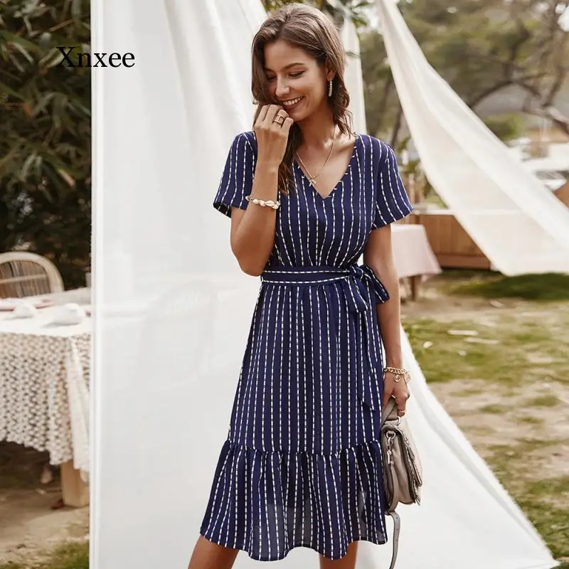 Summer Dresses Women Elegant V-Neck Casual A-Line Midi Dress Vintage Pink Yellow Striped Sashes Lace-Up Sundress Veatidos