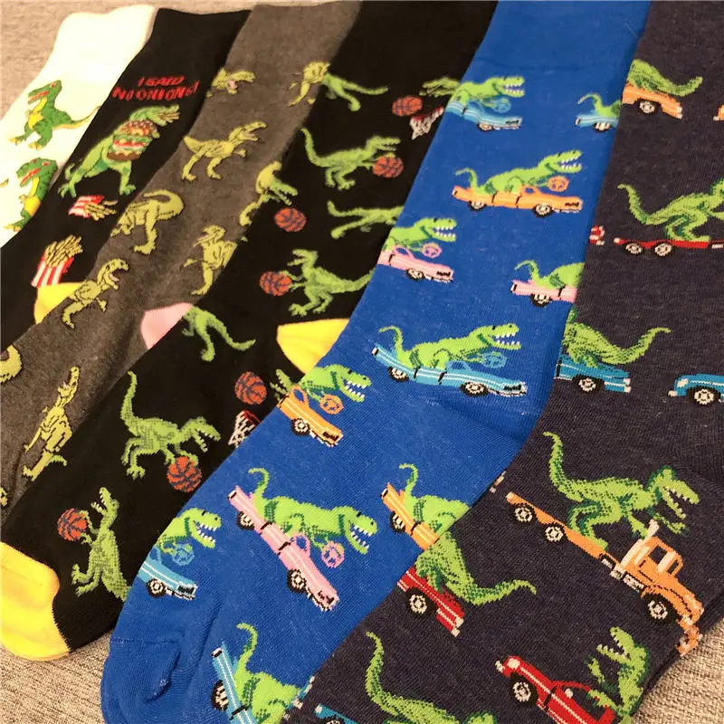 Happy Funny Adult Mid Calf Crew Socks Sport Tyrannosaurus Rex Dinosaur Fire Jurassic Period Park French Fries Play Basketball