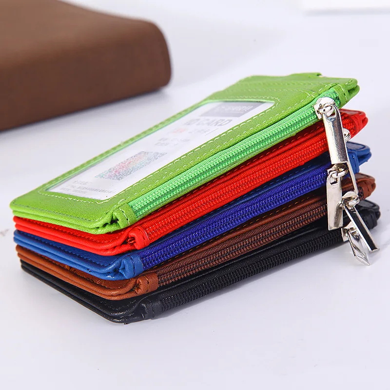 PU Leather ID Badge Holder with Zipper Porte Bus Pass Case Cover Slip Men Women\'s Bank Credit Card Holder with Polyester Lanyard