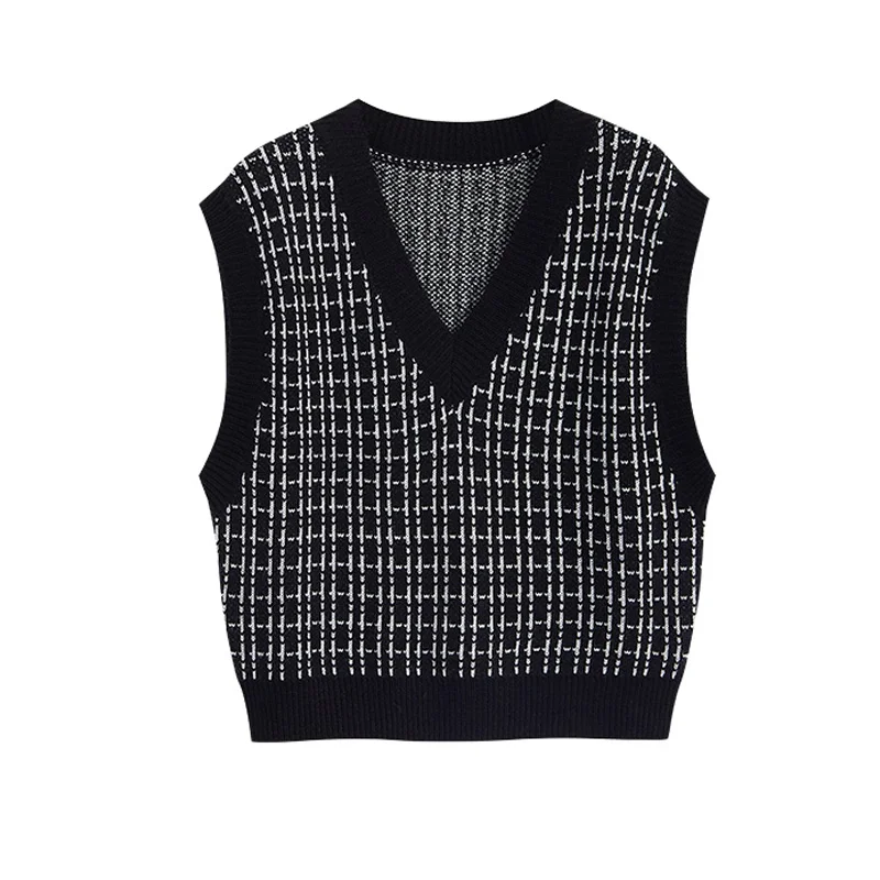 

Women Fashion Houndstooth Loose Knitted Vest Sweater V Neck Sleeveless Side Vents Female Waistcoat Chic Tops【Fans Reduce $1】