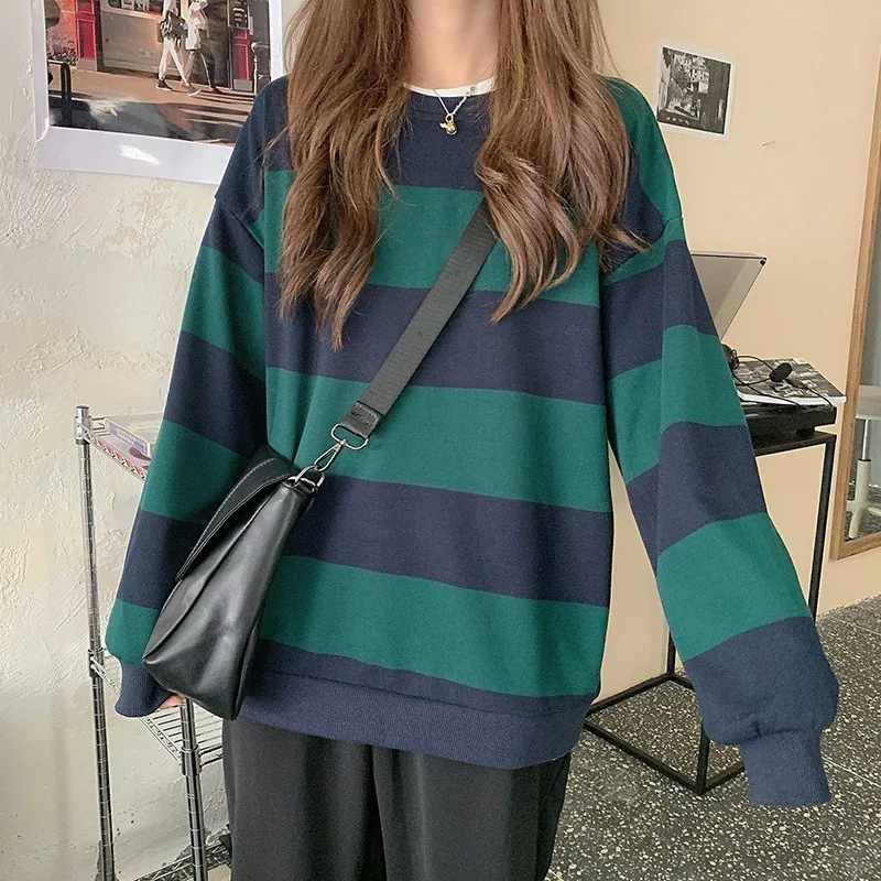 Loose Striped Sweatshirts Women Fleece Thick Oversized Harajuku T-Shirts Female Long Sleeve O Neck Korean Fashion Tops 2021