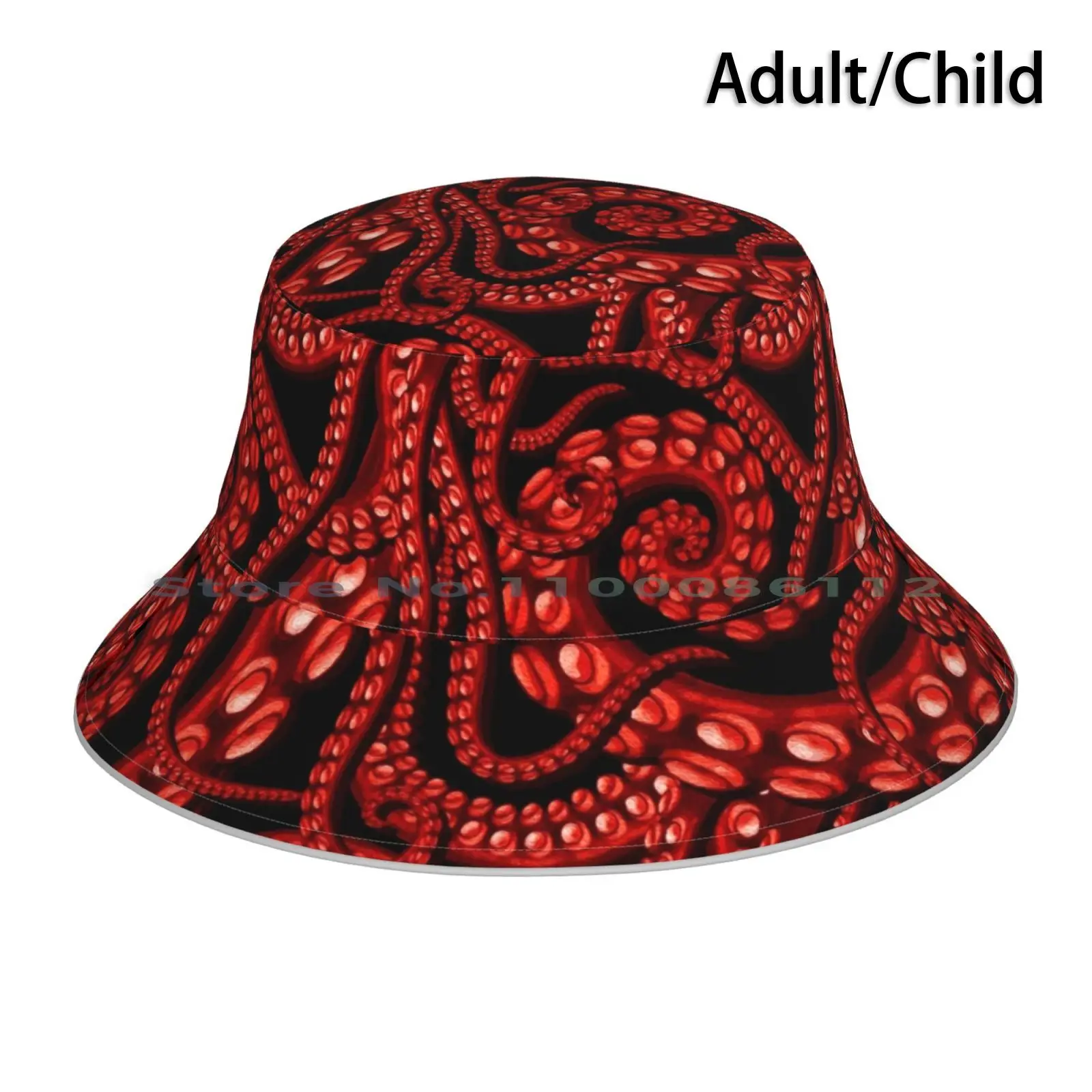 Octopuses In Red Bucket Hat Sun Cap Kraken Tentacle Red Illustratorg Cthulhu Foldable Outdoor Fisherman Hat