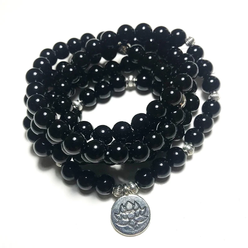 108 Mala 8mm Black Onyx Beaded Elastic Wrap Bracelet Meditation Yoga Healing Jewelry Men and Women Charm Bangle Lotus OM Amulet