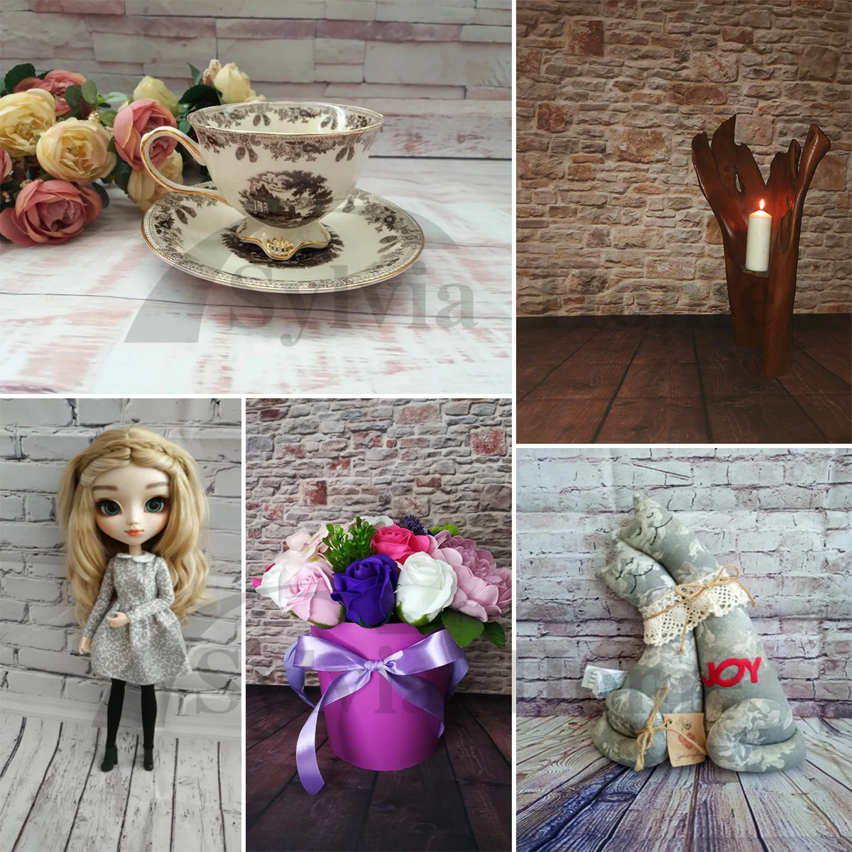 Vari puntelli bianchi dello Studio della foto del fondo di fotografia dell'alimento per animali domestici della doccia del bambino della decorazione del contesto del pavimento del bordo di legno del muro di mattoni