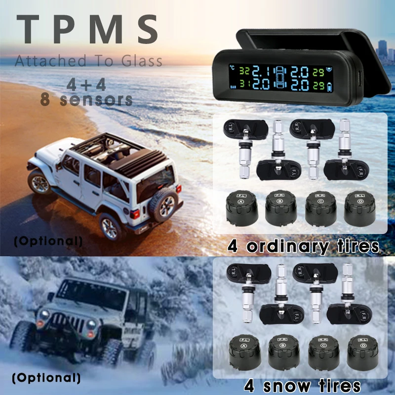 TPMS Original Wireless HD Solar Charge Car Tire Pressure Alarm Monitor System Display Turn On with Vibration with 4/5/8 Sensors