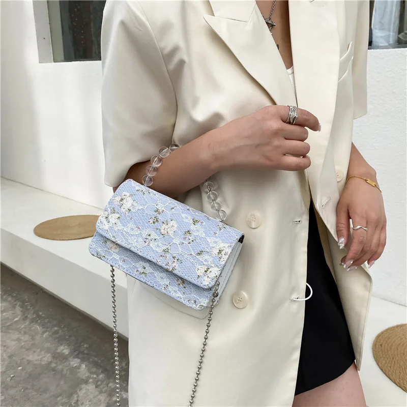 Fashion Women Net Yarn PU Leather Shoulder Bag Flower Lace Embroidery Crossbody Bag Casual Ladies Pearl Chain Mini Flap Bag