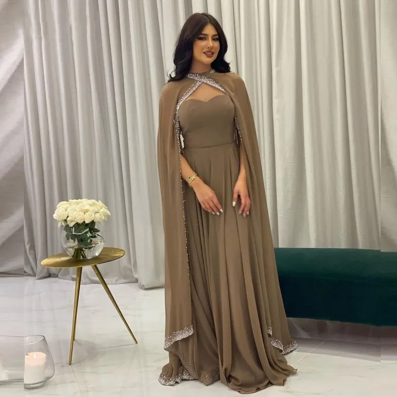 A linha chiffon mãe de vestido de noiva para casamento accasion brown com jaqueta de lantejoulas vestido de festa à noite robe de soirée de mariage