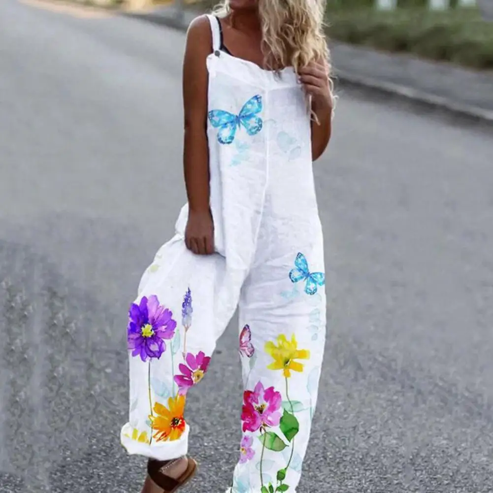 

Summer Loose Floral Print Jumpsuits Cotton Blend Off Shoulder Women Romper for Daily Wear Sleeveless Bib Overall Backless Pant