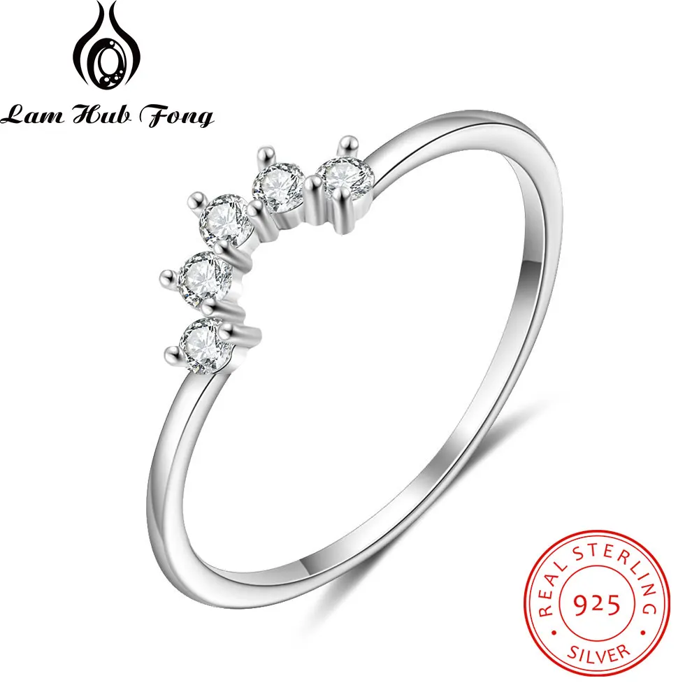 Genuine 925 Sterling Silver Rings for Women Simple Geometric Stackable Ring with Zircon Wedding Engagement Gift (Lam Hub Fong)