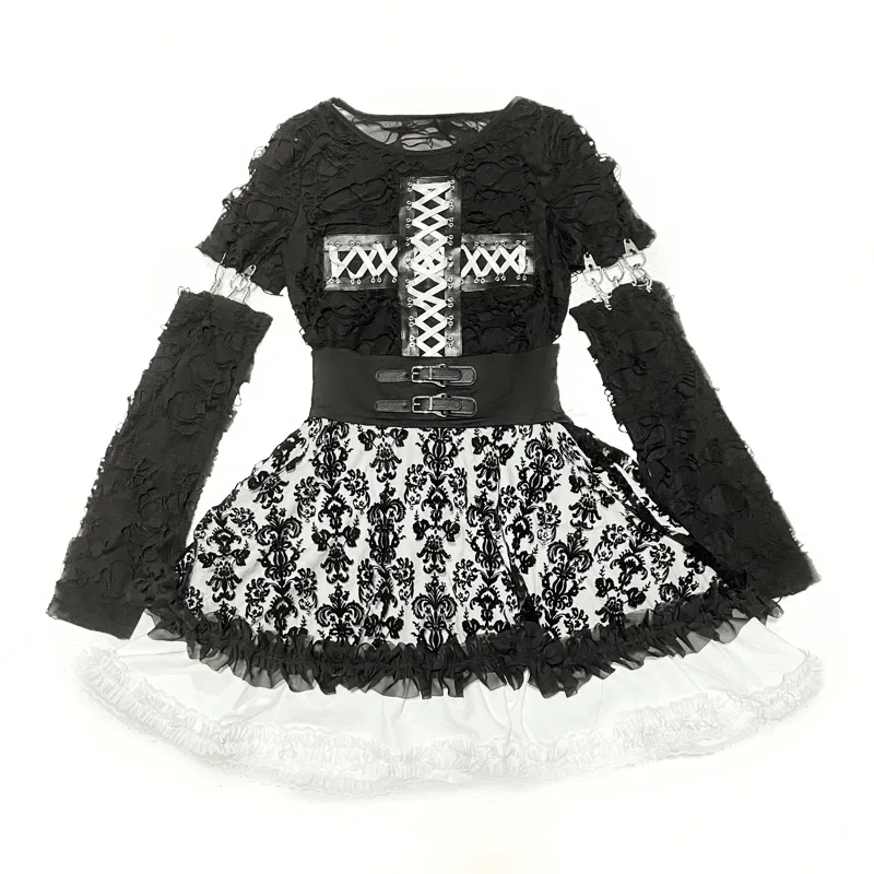 Original Design Gothic Black Cake Skirt Set Long Sleeve Hollow Out Cross Crop Top and Floral Lace Ball Gown Skirt Punk Women Set