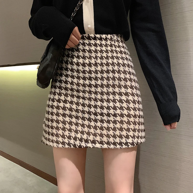 Women's Short Skirt New High-Waist Houndstooth Woolen Skirt Female Autumn Winter All-Match Black Skirt Korean Thin A-Line Dress