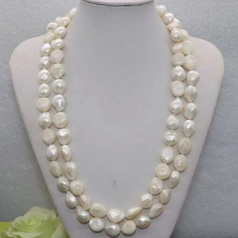 

New Natural Rare white 10x12mm Baroque freshwater Pearl Necklace 64"