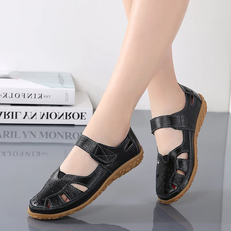Plus Size 35-42 Summer Fashion Women Sandals Hollow Genuine Leather Flat Shoes Soft Sole Breathable Female Beach Sandals WSH4371