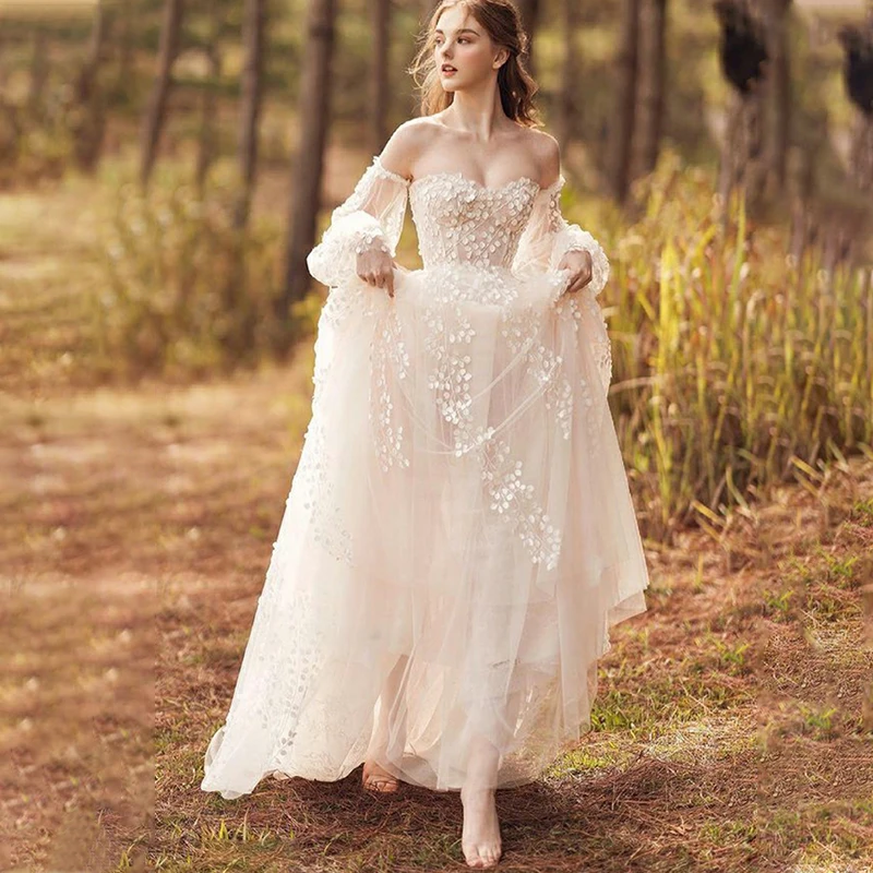 VIKTORIA Classic Square Collars Wedding Dresses For Woman Bride Long Sleeves Corset Tulle Appliques Vestido De Novia Customized