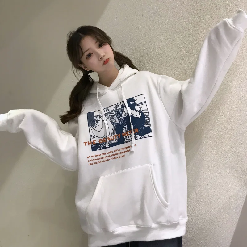 

Hoodies Women Winter Velvet Thicker Warm Printed Loose Womens Hoodie All-match Simple Korean Style Students Sweatshirts