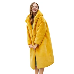 Abrigo de piel sintética con capucha para mujer, chaqueta gruesa y cálida de felpa amarilla y rosa, Chaqueta larga de moda, ropa de calle de manga larga, Invierno