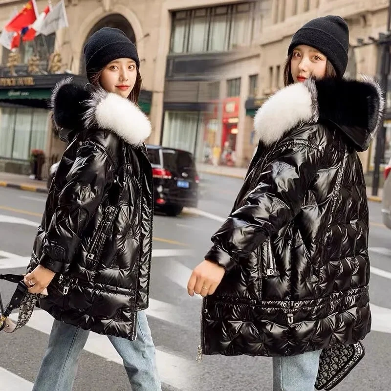 Winter Lightweight Down Jacket Women Thick Warm Loose Doudoune Pocket Ultra Light Duck Down Big fur collar sequin bread coat new