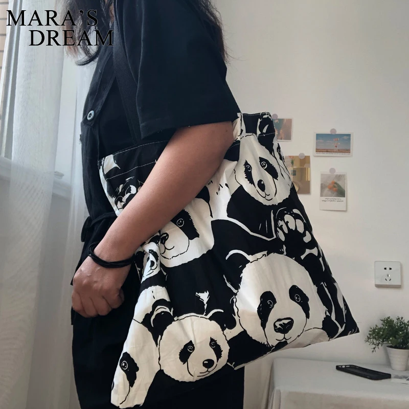 Mara\'s Dream Cute Panda Canvas Backpack Diagonal Single Shoulder Bag For Girls Female Shopping Casual Large-Capacity With Zipper