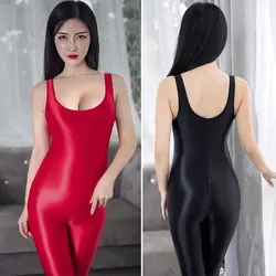 Seamless Glossy Tight Crotchless Swimsuit Jumpsuit Sexy Oily See Through Bodysuit Zipper Open Crotch for Men and Women Plus Size