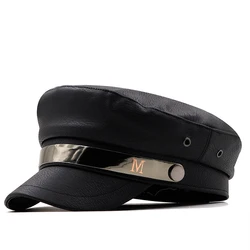 New Women Hat Pu Leather Beret Fashion Retro iron Buckle Painter Cap Wild Octagonal Hat Women's Kepi Female cap Autumn hat