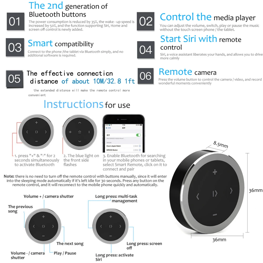 Mini Drahtlose Bluetooth-kompatibel Media Taste Fernbedienung Auto Motorrad Lenkrad MP3 Musik Spielen Für IOS Android – Detail 3