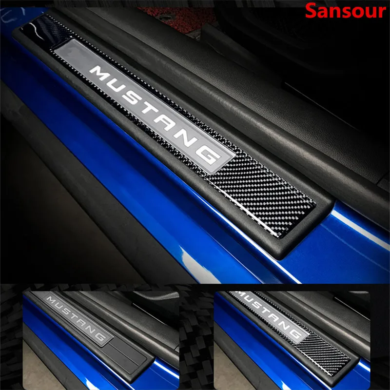 Sansour Carbon Fiber Car Interior Hollow Out Door davanzale Scuff Plate Pedal Decoration Stickers per Ford Mustang 2015 + Car Styling